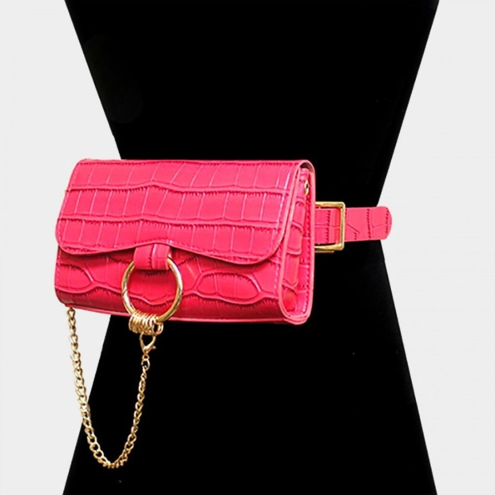 DRAPED CHAIN ALLIGATOR PATTERN FAUX LEATHER CLUTCH